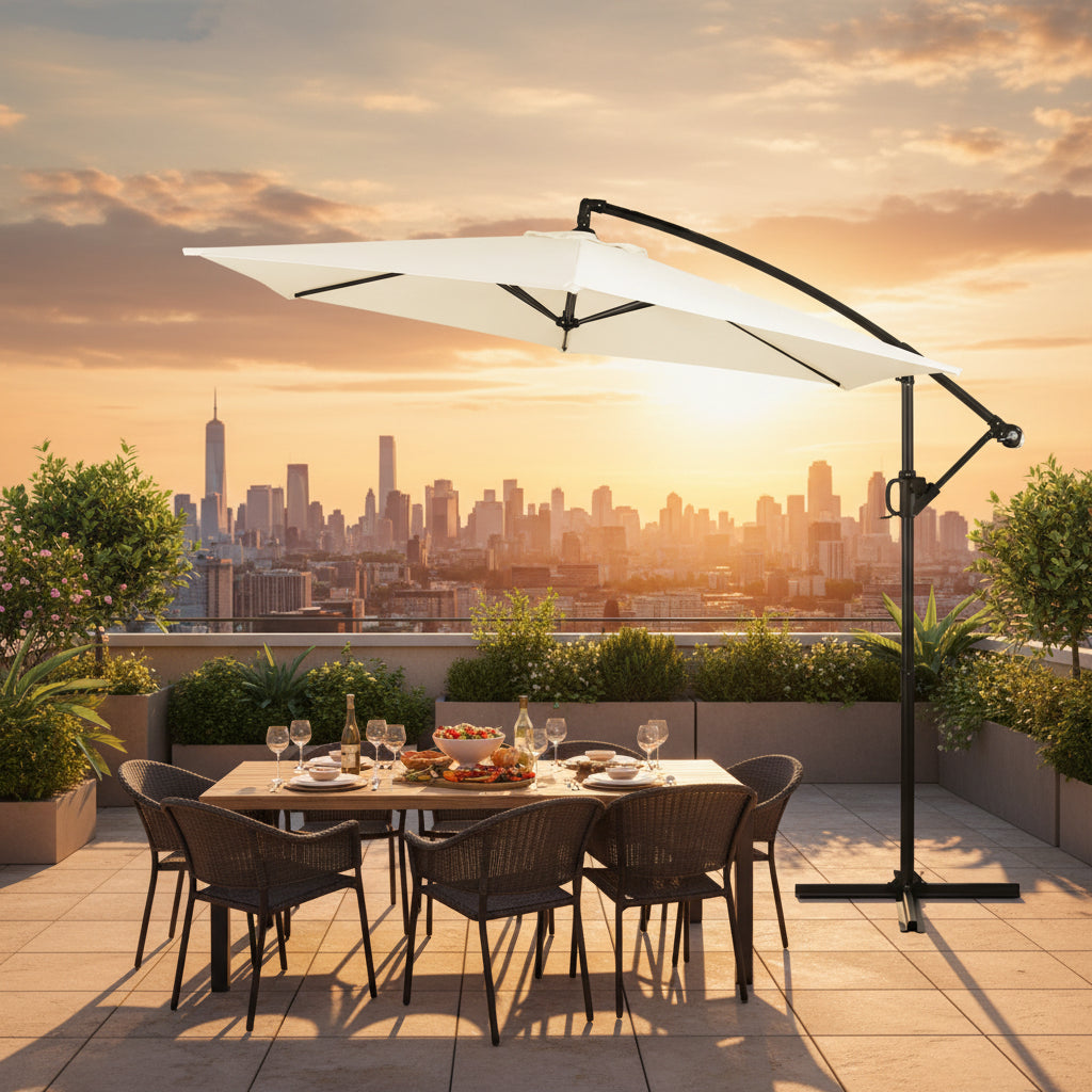 Walsunny Patio Offset Umbrella with Easy Tilt Adjustment, Crank Handle, Cross Base and 8-Rib Canopy