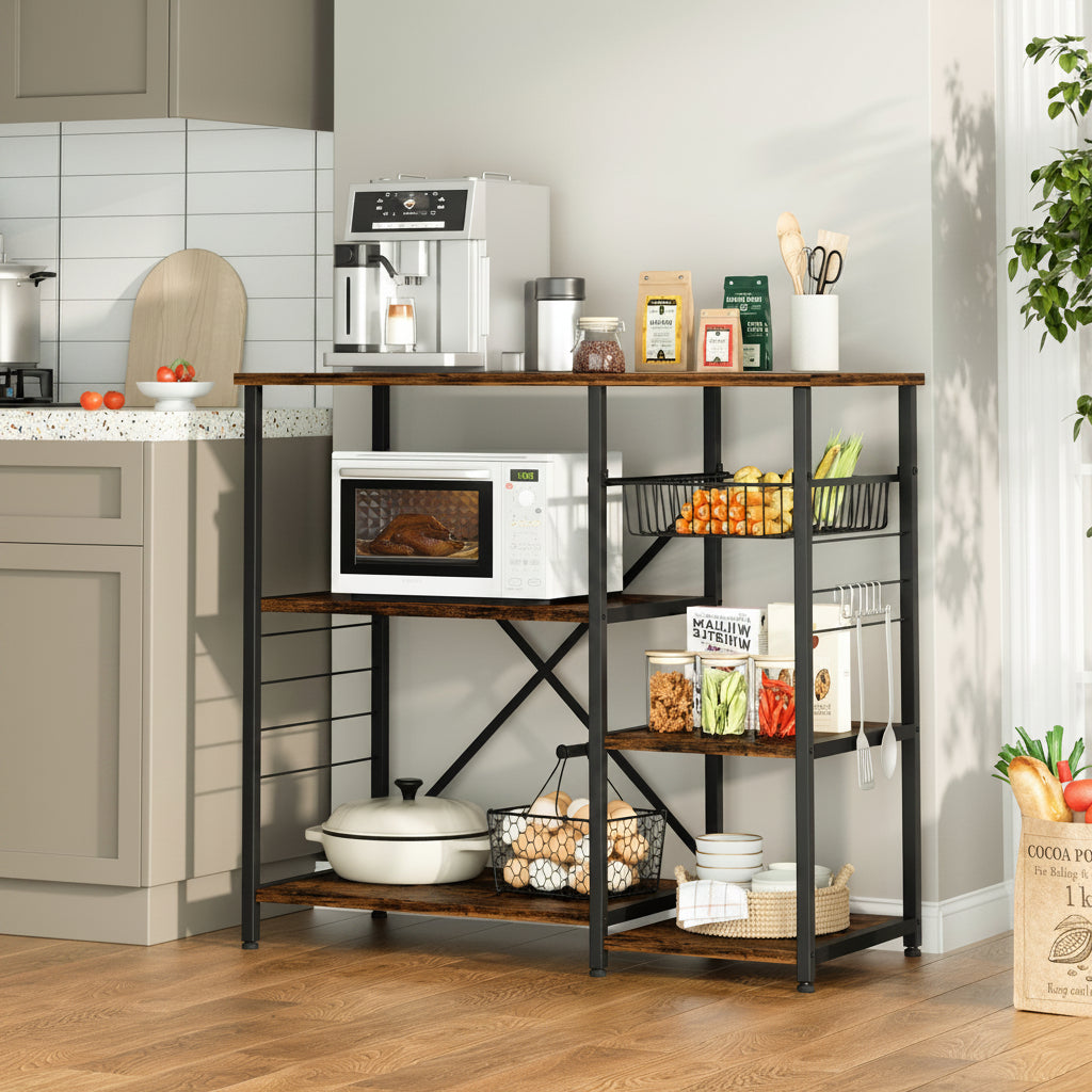 4-Tier Kitchen Bakers Rack with Storage, Coffee Bar Cabinet Station, Microwave Stand Shelf Organizer, Rustic Wood Kitchen Storage Table