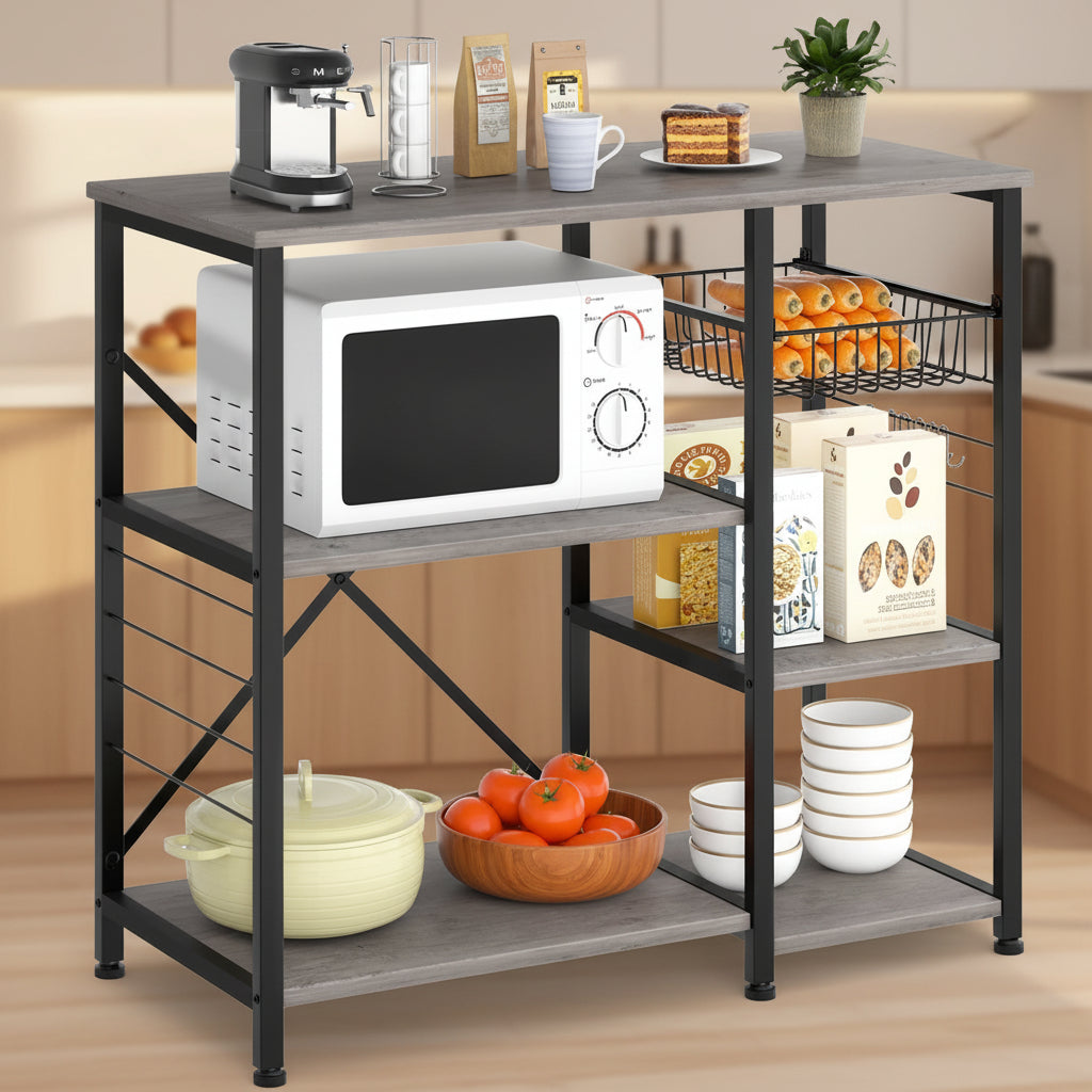 4-Tier Kitchen Bakers Rack with Storage, Coffee Bar Cabinet Station, Microwave Stand Shelf Organizer, Rustic Wood Kitchen Storage Table