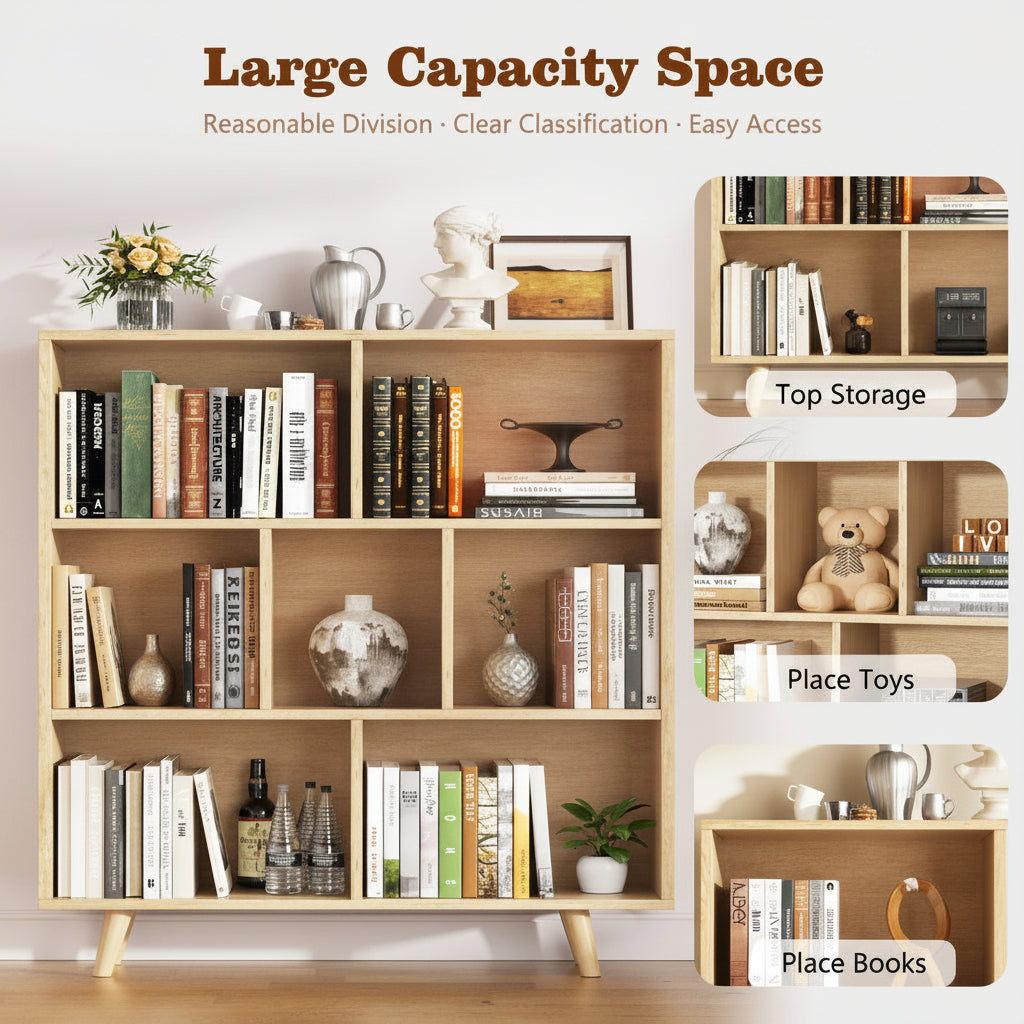 Wooden Open Shelf Bookcase, 3-Tier 7-Cube Storage Organizer with Legs