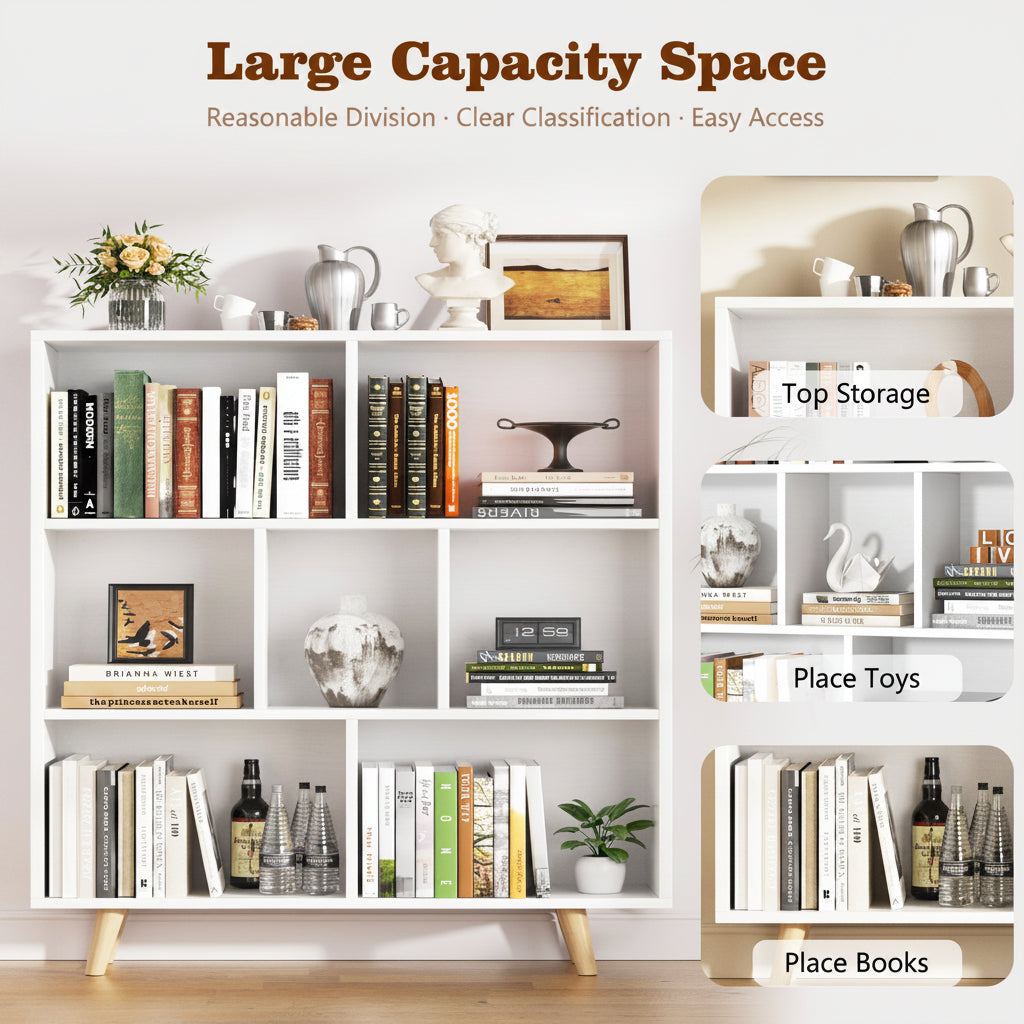 Wooden Open Shelf Bookcase, 3-Tier 7-Cube Storage Organizer with Legs
