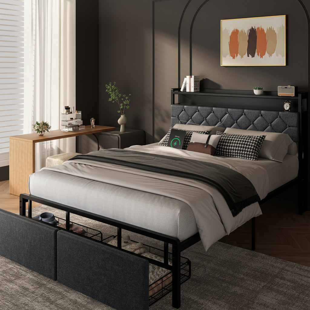 Modern Metal Platform Bed Frame with LED Lights and 2 Storage Drawers