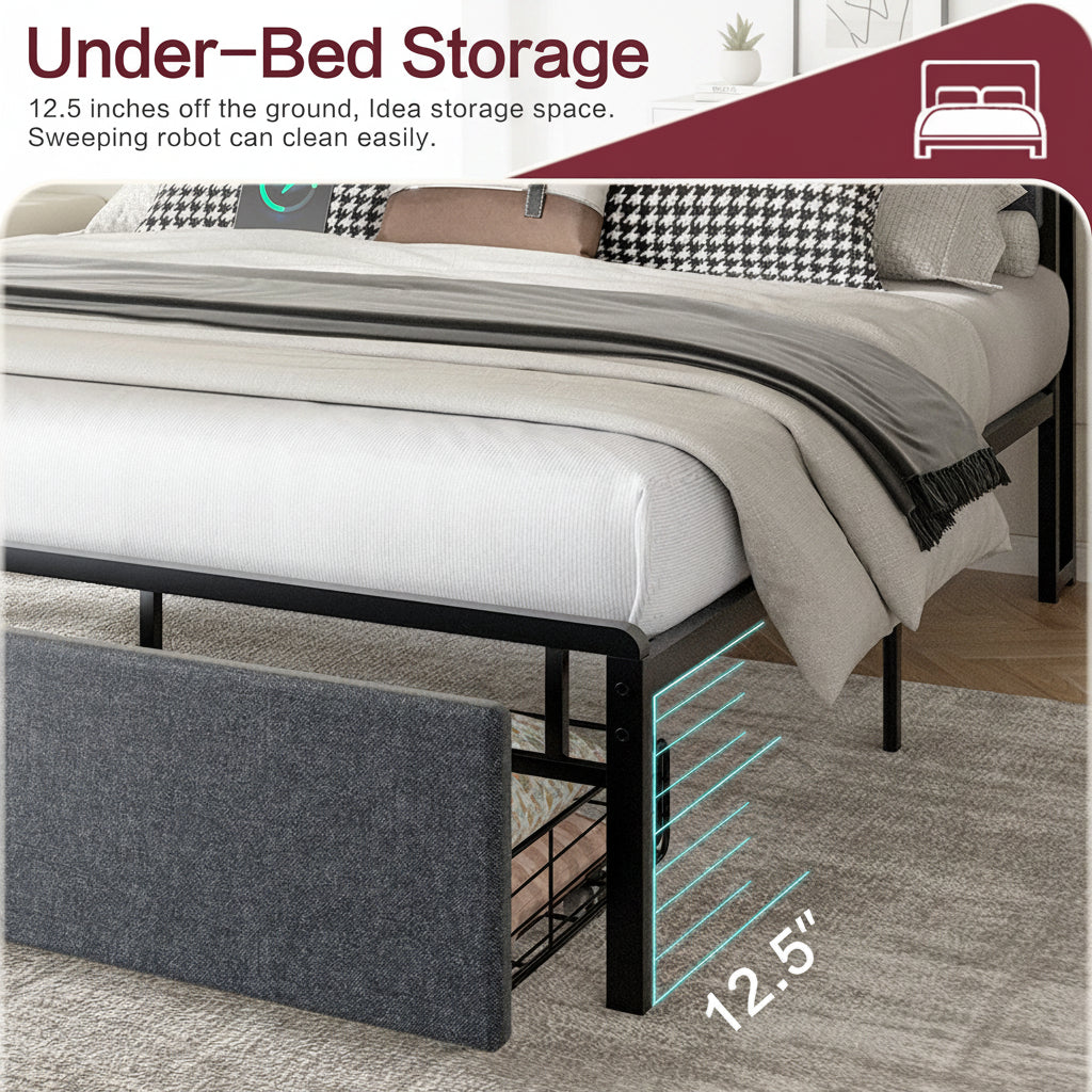 Modern Metal Platform Bed Frame with LED Lights and 2 Storage Drawers