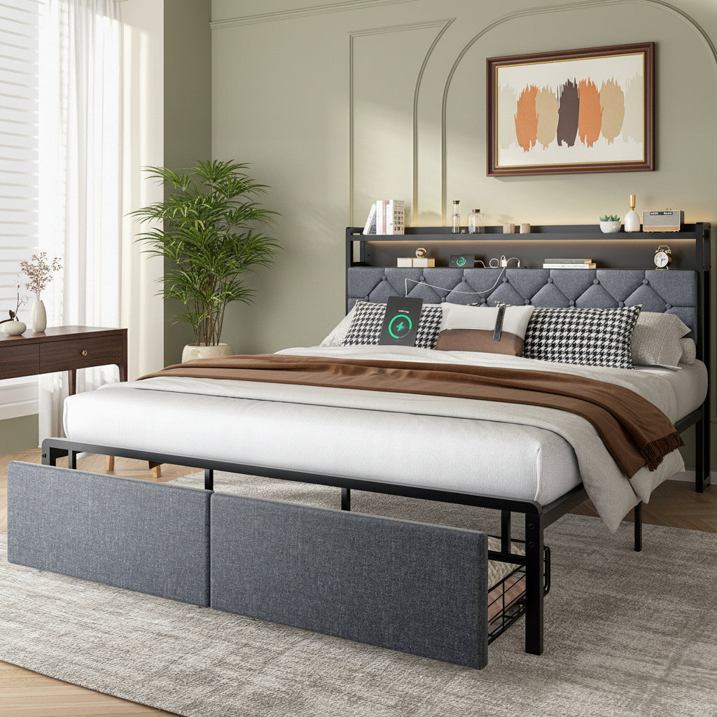 Modern Metal Platform Bed Frame with LED Lights and 2 Storage Drawers