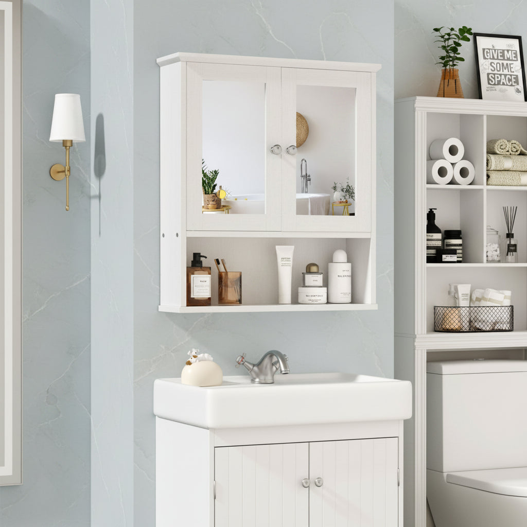 Bathroom Medicine Cabinet with Mirror, 2 Doors and 3 Open Storage Shelves