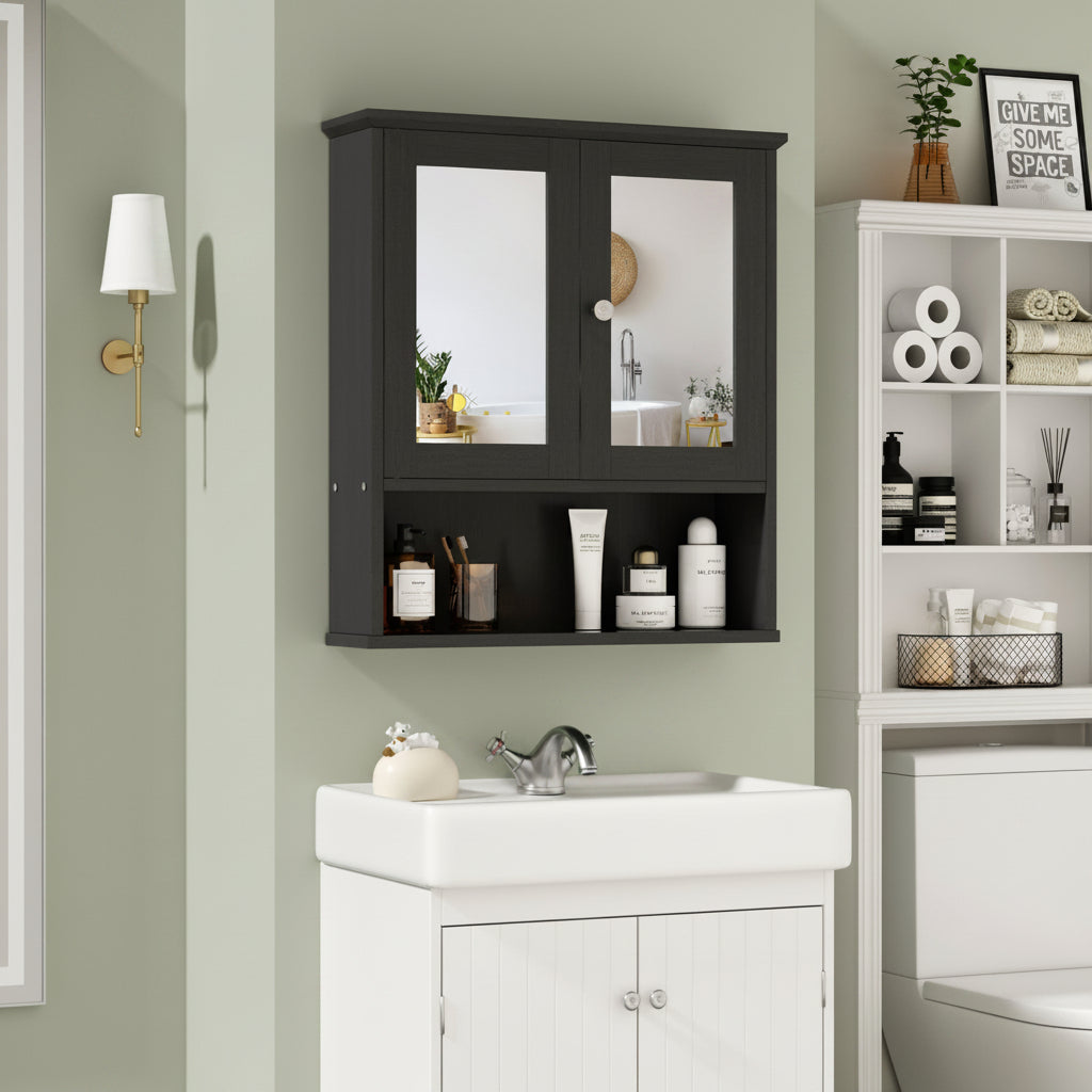 Bathroom Medicine Cabinet with Mirror, 2 Doors and 3 Open Storage Shelves