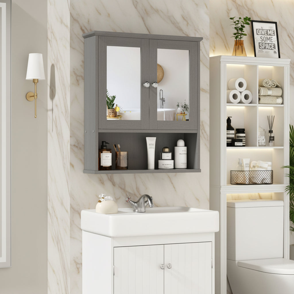 Bathroom Medicine Cabinet with Mirror, 2 Doors and 3 Open Storage Shelves