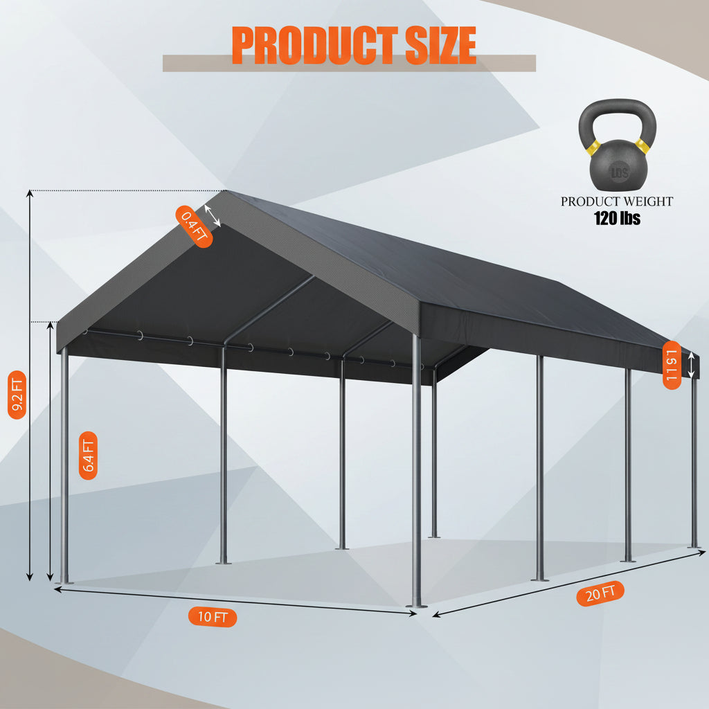 10' x 20' Heavy-Duty Carport Canopy with 180G PE Tarp