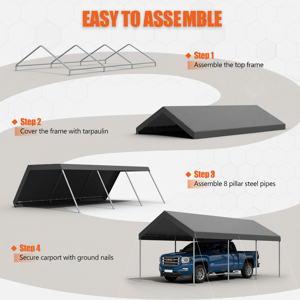 10' x 20' Heavy-Duty Carport Canopy with 180G PE Tarp