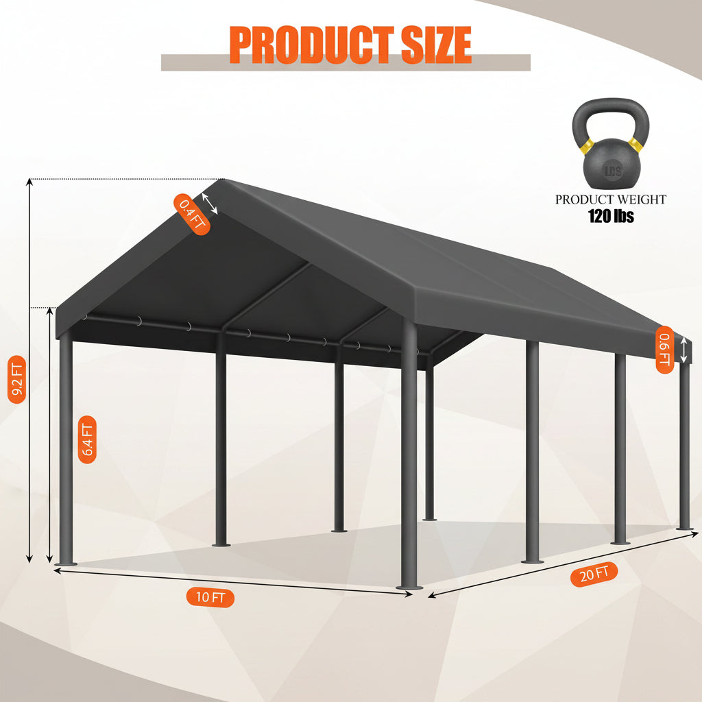 10' x 20' Heavy-Duty Carport Canopy with 180G PE Tarp