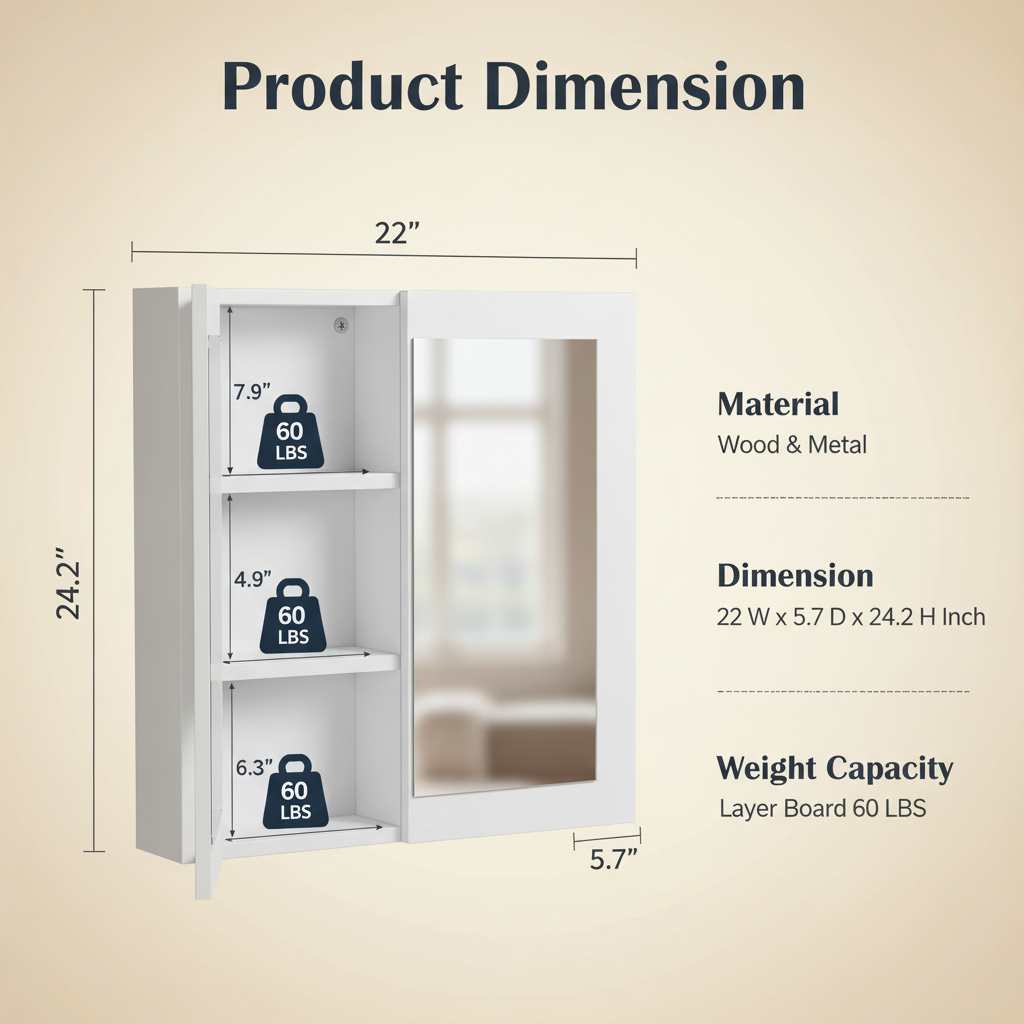 Bathroom Medicine Cabinet with Mirror, 2 Doors and 3 Open Storage Shelves