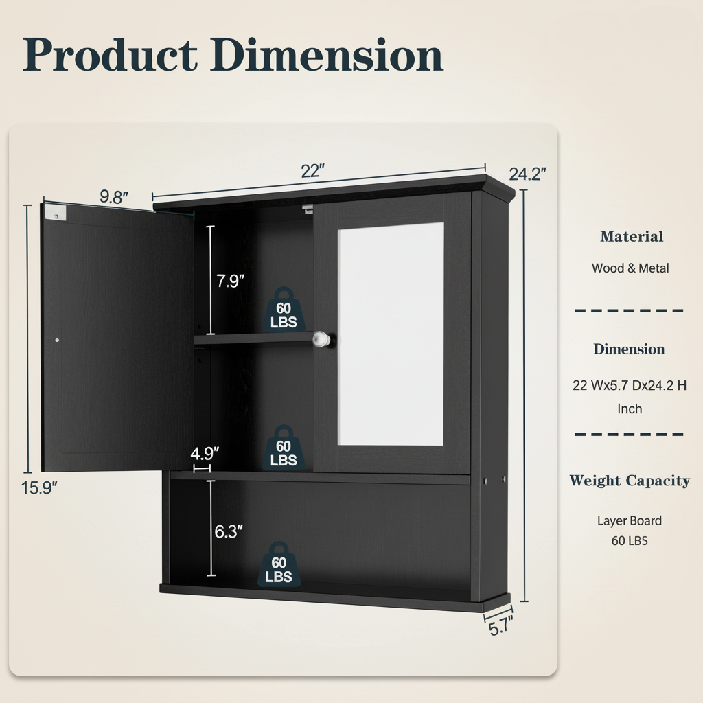 Bathroom Medicine Cabinet with Mirror, 2 Doors and 3 Open Storage Shelves