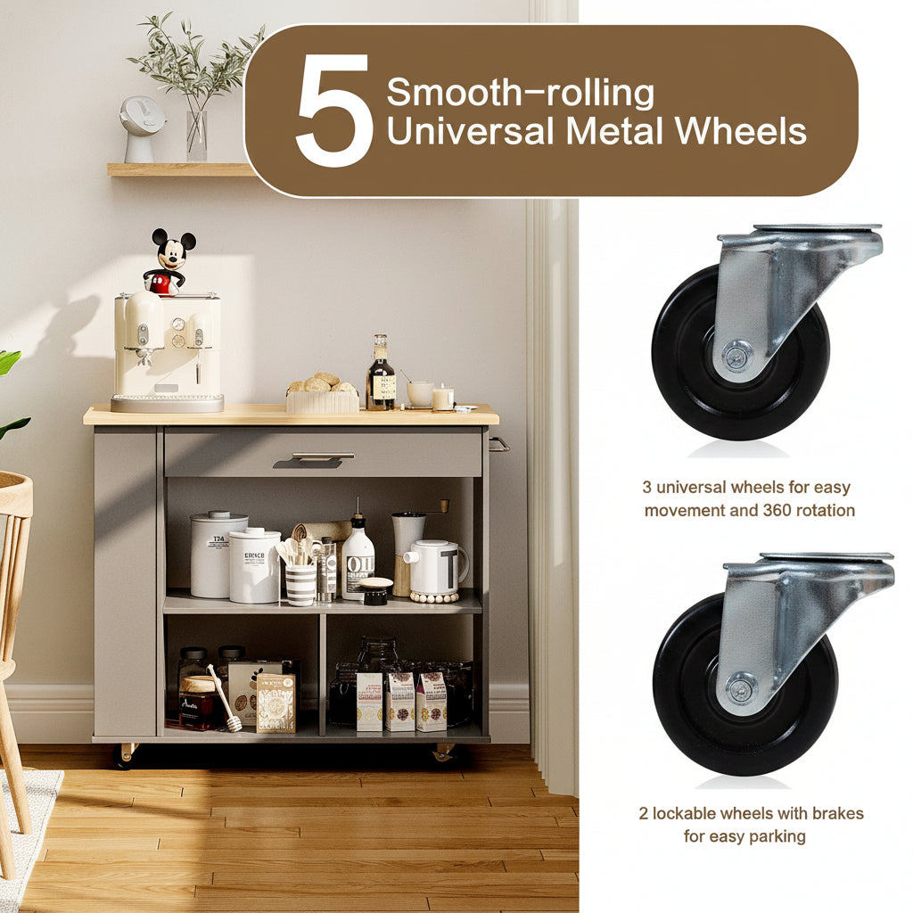 Kitchen Island with Side Spice Rack & 2-Tier Open Shelf