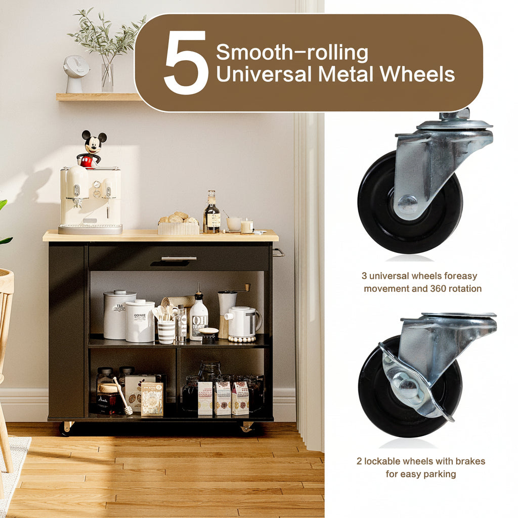 Kitchen Island with Side Spice Rack & 2-Tier Open Shelf