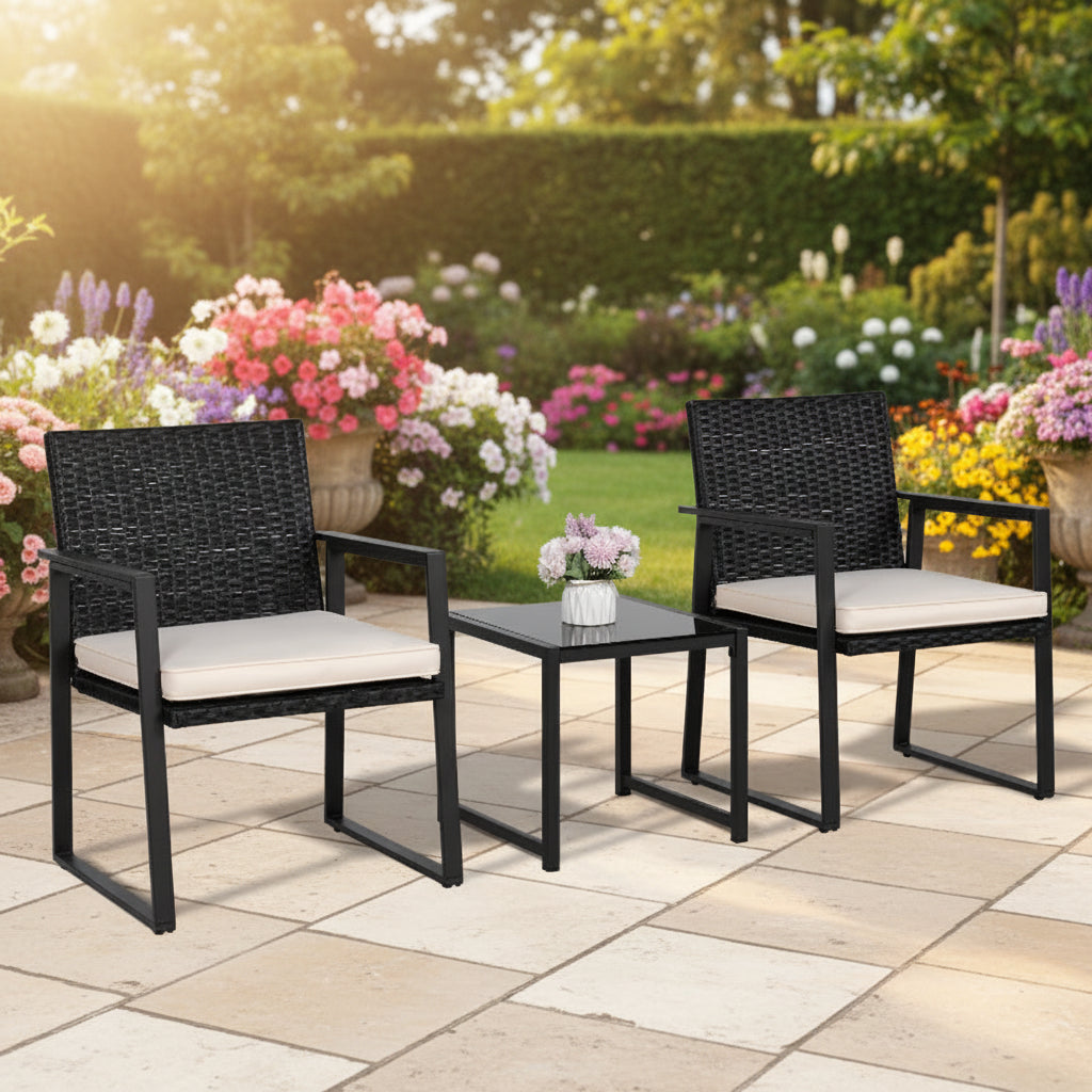 Outdoor Wicker Bistro Set with 2 Chairs & Table