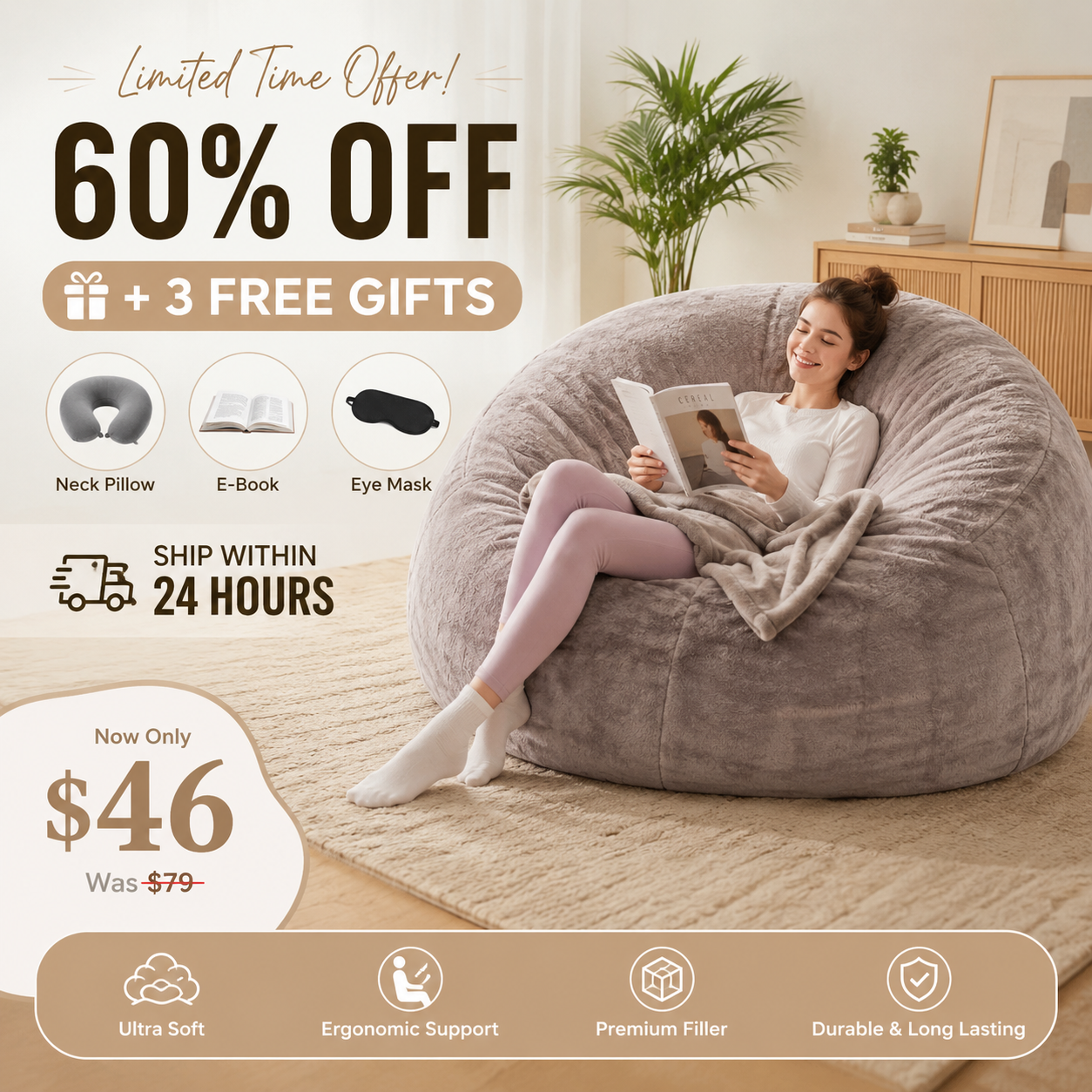 3FT/4FT/5FT/Jumbo Bean Bag Chair – An extendable bean bag sofa filled with soft memory foam and wrapped in cozy flannel fabric, offering durable comfort and relaxed seating for any living space.