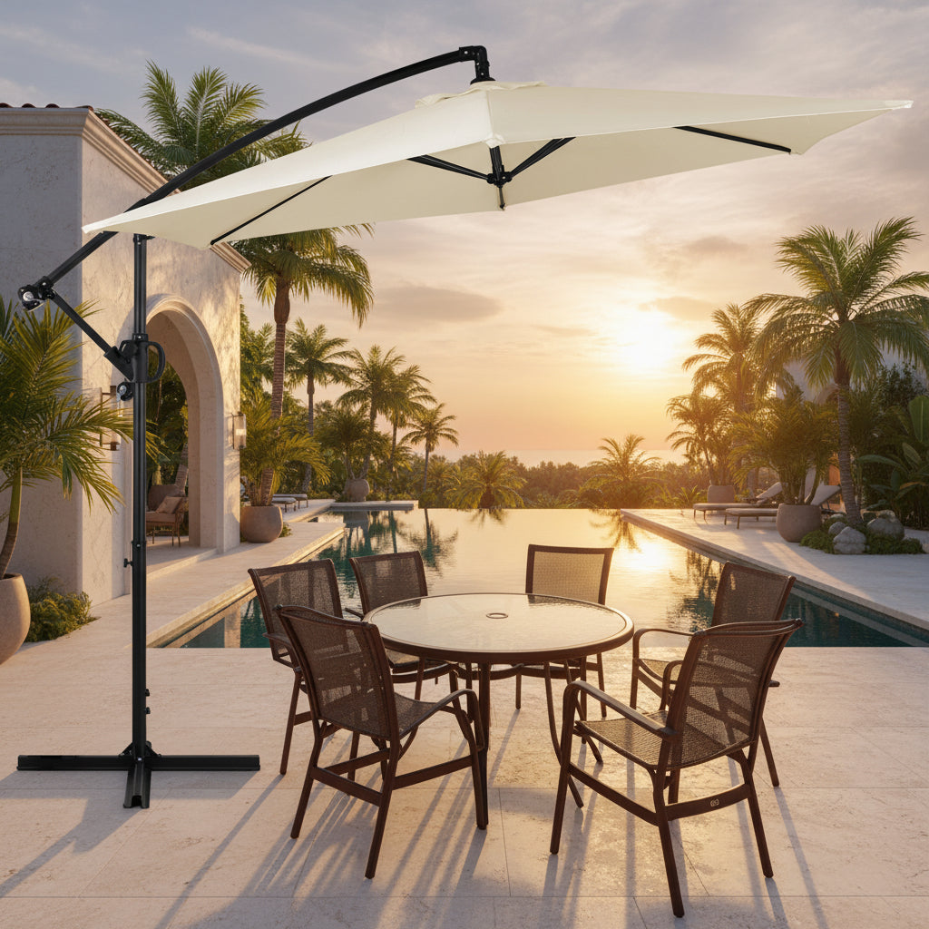 Walsunny Patio Offset Umbrella with Easy Tilt Adjustment, Crank Handle, Cross Base and 8-Rib Canopy
