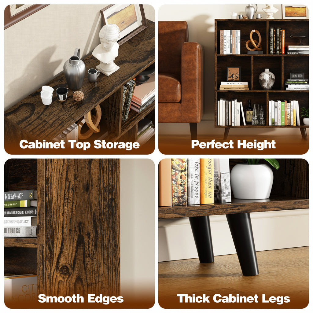 Wooden Open Shelf Bookcase, 3-Tier 7-Cube Storage Organizer with Legs