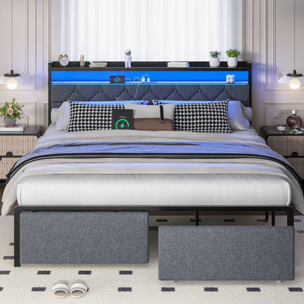 Modern Metal Platform Bed Frame with LED Lights and 2 Storage Drawers