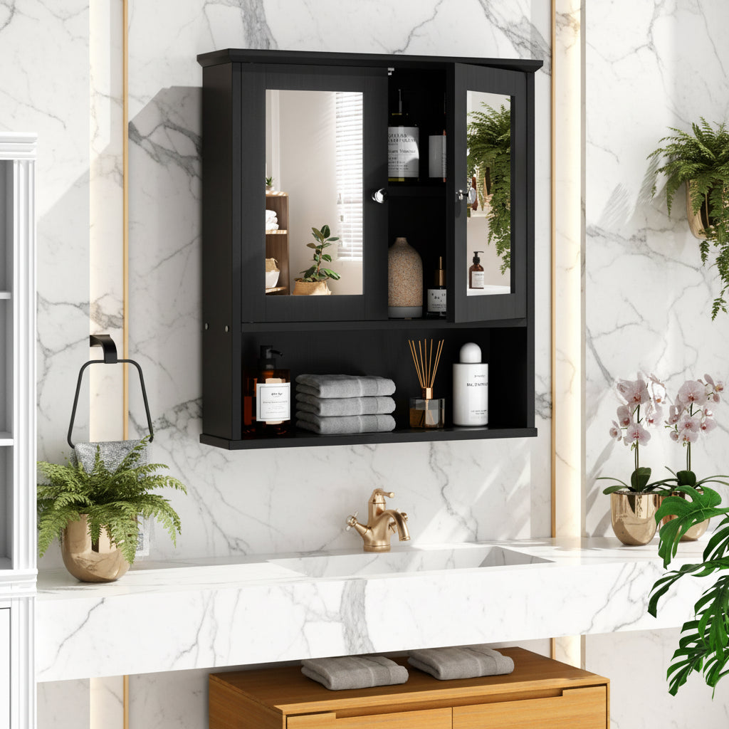 Bathroom Medicine Cabinet with Mirror, 2 Doors and 3 Open Storage Shelves