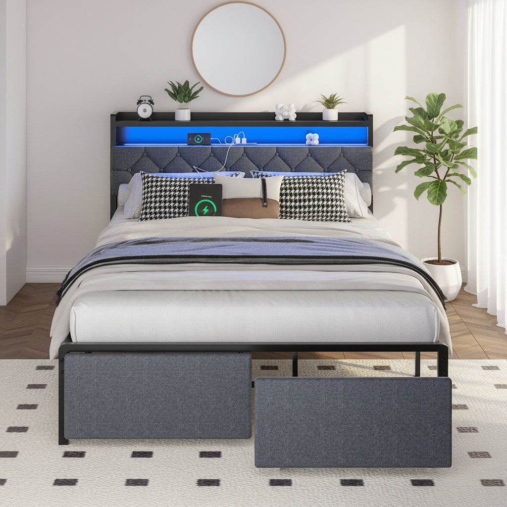 Modern Metal Platform Bed Frame with LED Lights and 2 Storage Drawers