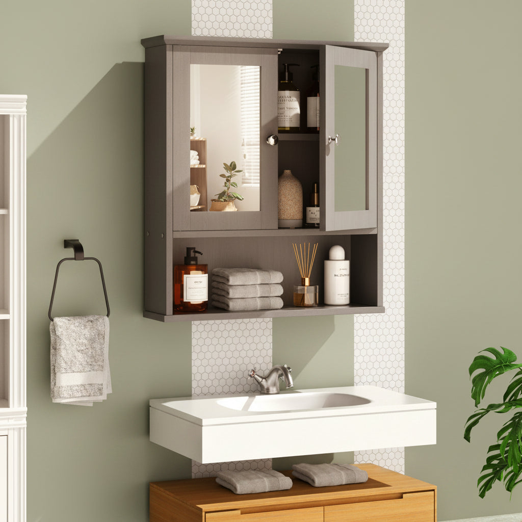 Bathroom Medicine Cabinet with Mirror, 2 Doors and 3 Open Storage Shelves