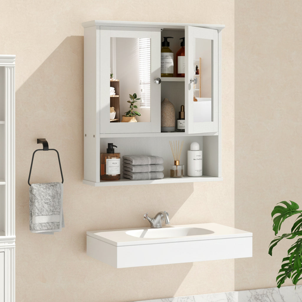 Bathroom Medicine Cabinet with Mirror, 2 Doors and 3 Open Storage Shelves