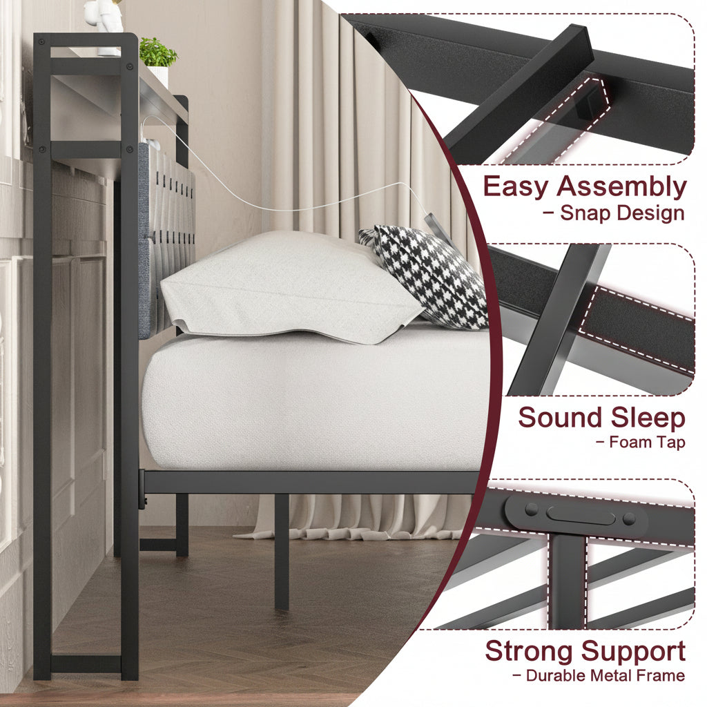 Modern Metal Platform Bed Frame with LED Lights and 2 Storage Drawers