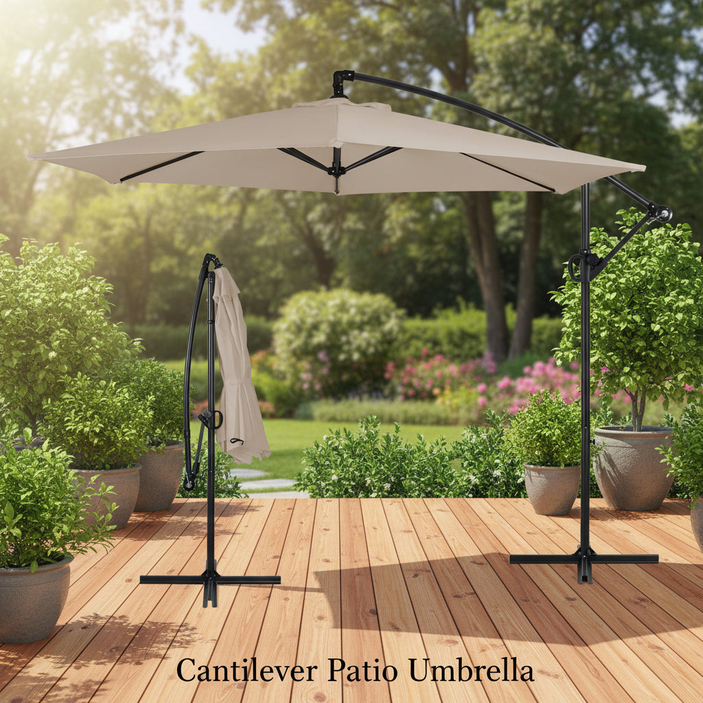 Walsunny Patio Offset Umbrella with Easy Tilt Adjustment, Crank Handle, Cross Base and 8-Rib Canopy