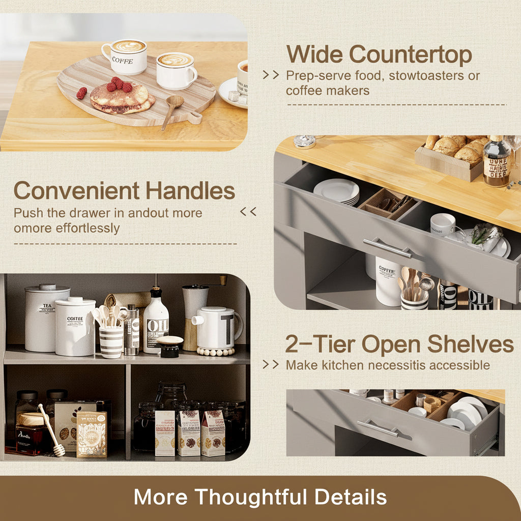 Kitchen Island with Side Spice Rack & 2-Tier Open Shelf