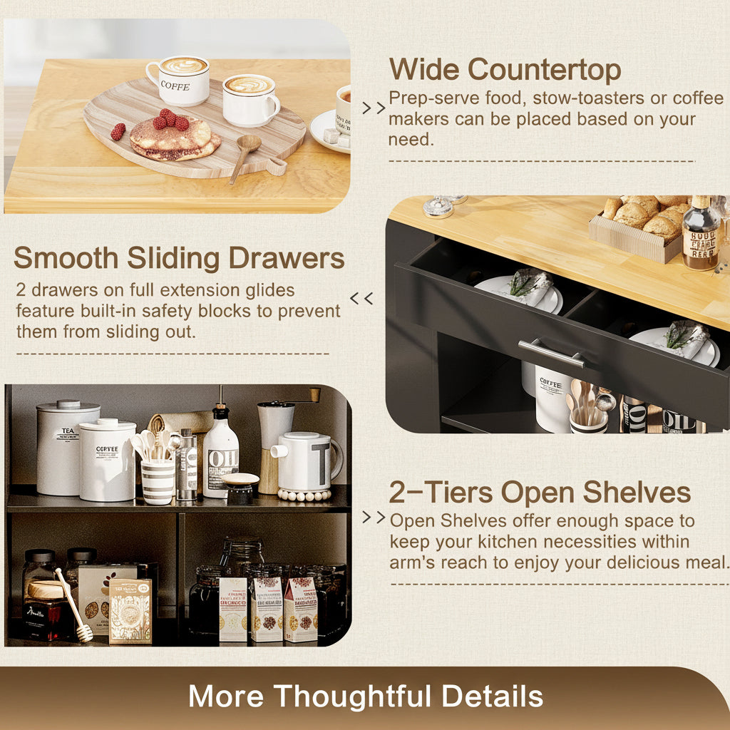 Kitchen Island with Side Spice Rack & 2-Tier Open Shelf