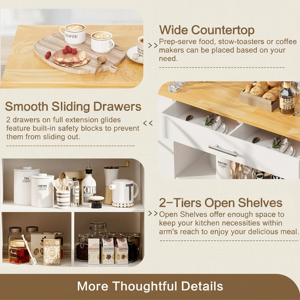 Kitchen Island with Side Spice Rack & 2-Tier Open Shelf