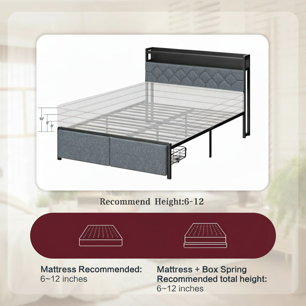 Modern Metal Platform Bed Frame with LED Lights and 2 Storage Drawers