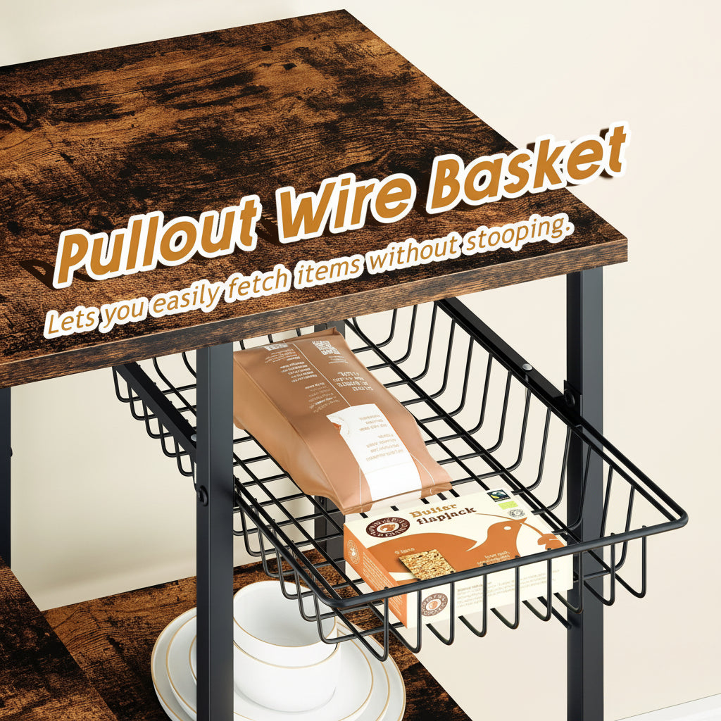 4-Tier Kitchen Bakers Rack with Storage, Coffee Bar Cabinet Station, Microwave Stand Shelf Organizer, Rustic Wood Kitchen Storage Table