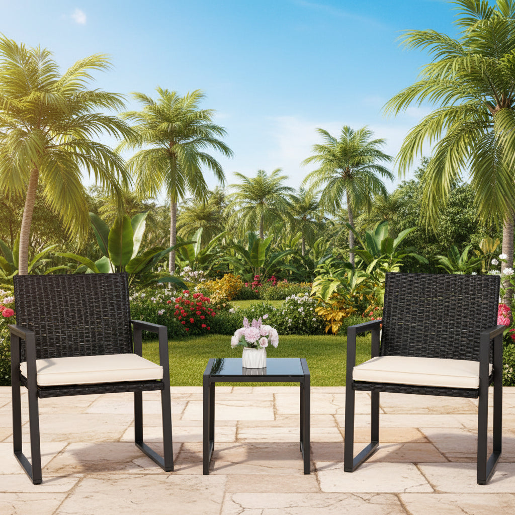 Outdoor Wicker Bistro Set with 2 Chairs & Table