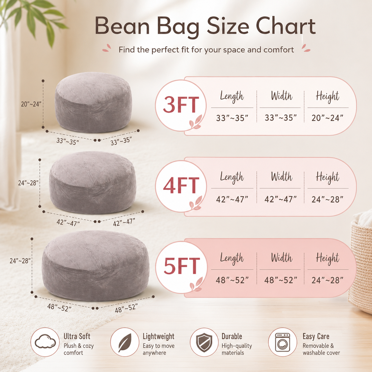 3FT/4FT/5FT/Jumbo Bean Bag Chair – An extendable bean bag sofa filled with soft memory foam and wrapped in cozy flannel fabric, offering durable comfort and relaxed seating for any living space.
