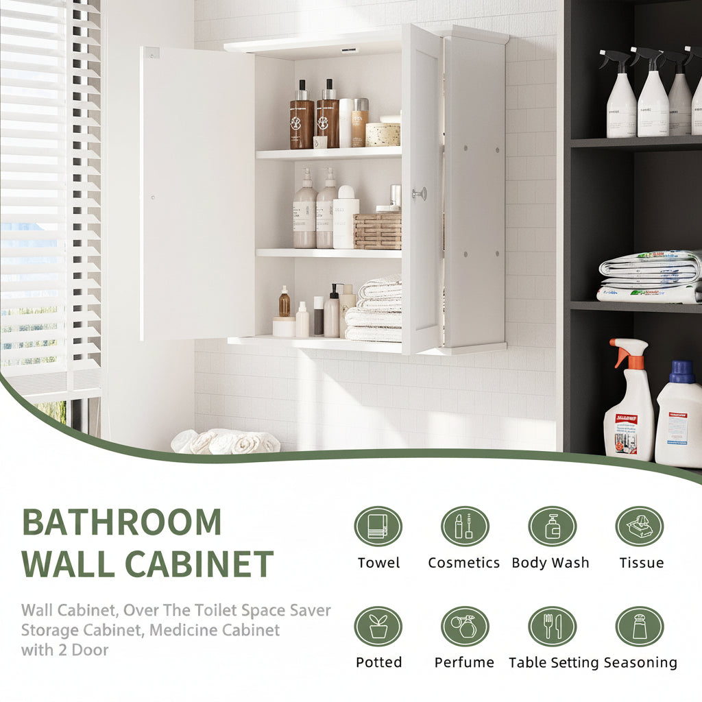 Bathroom Wall-Mounted Cabinet with 2 Doors and Storage Shelves