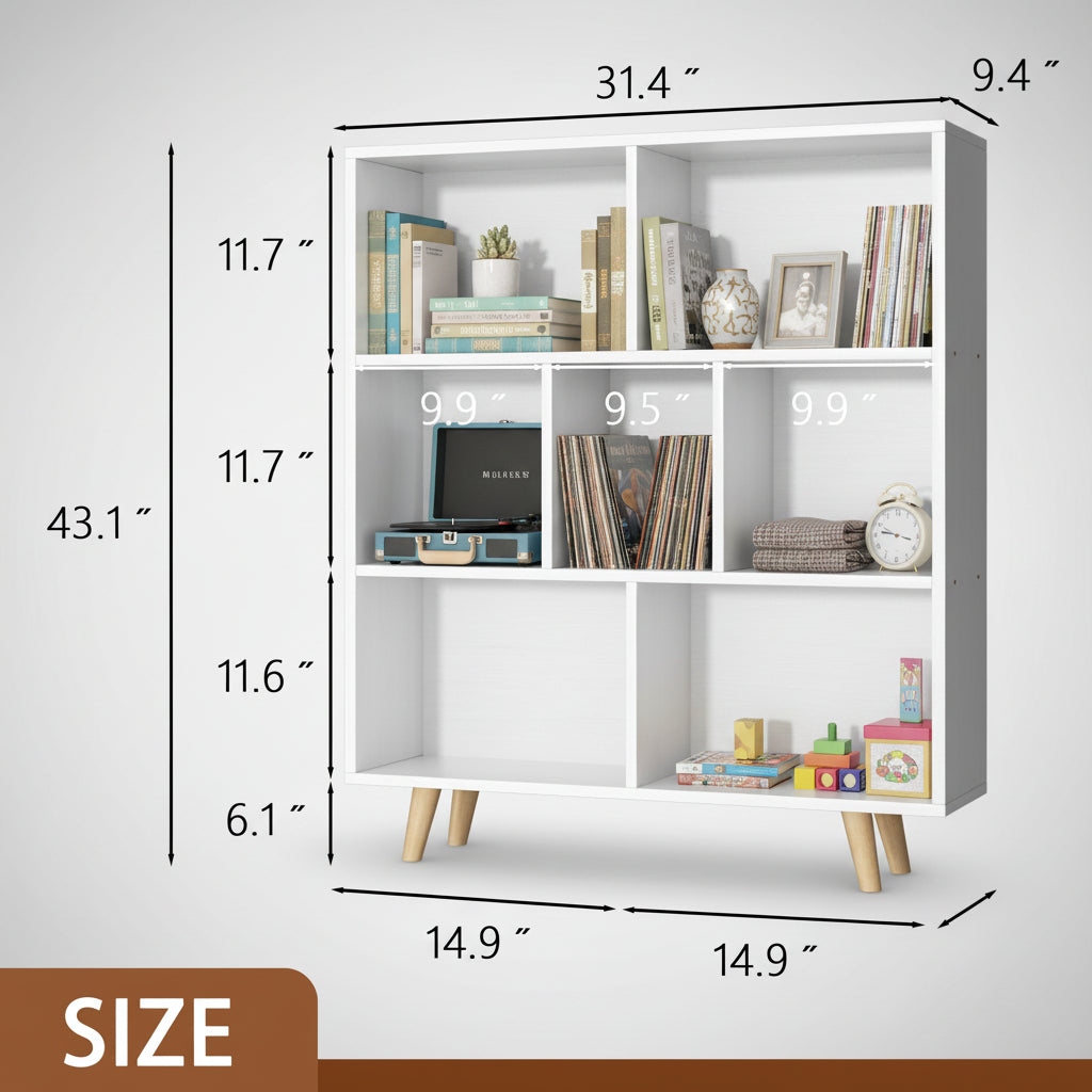 Wooden Open Shelf Bookcase, 3-Tier 7-Cube Storage Organizer with Legs