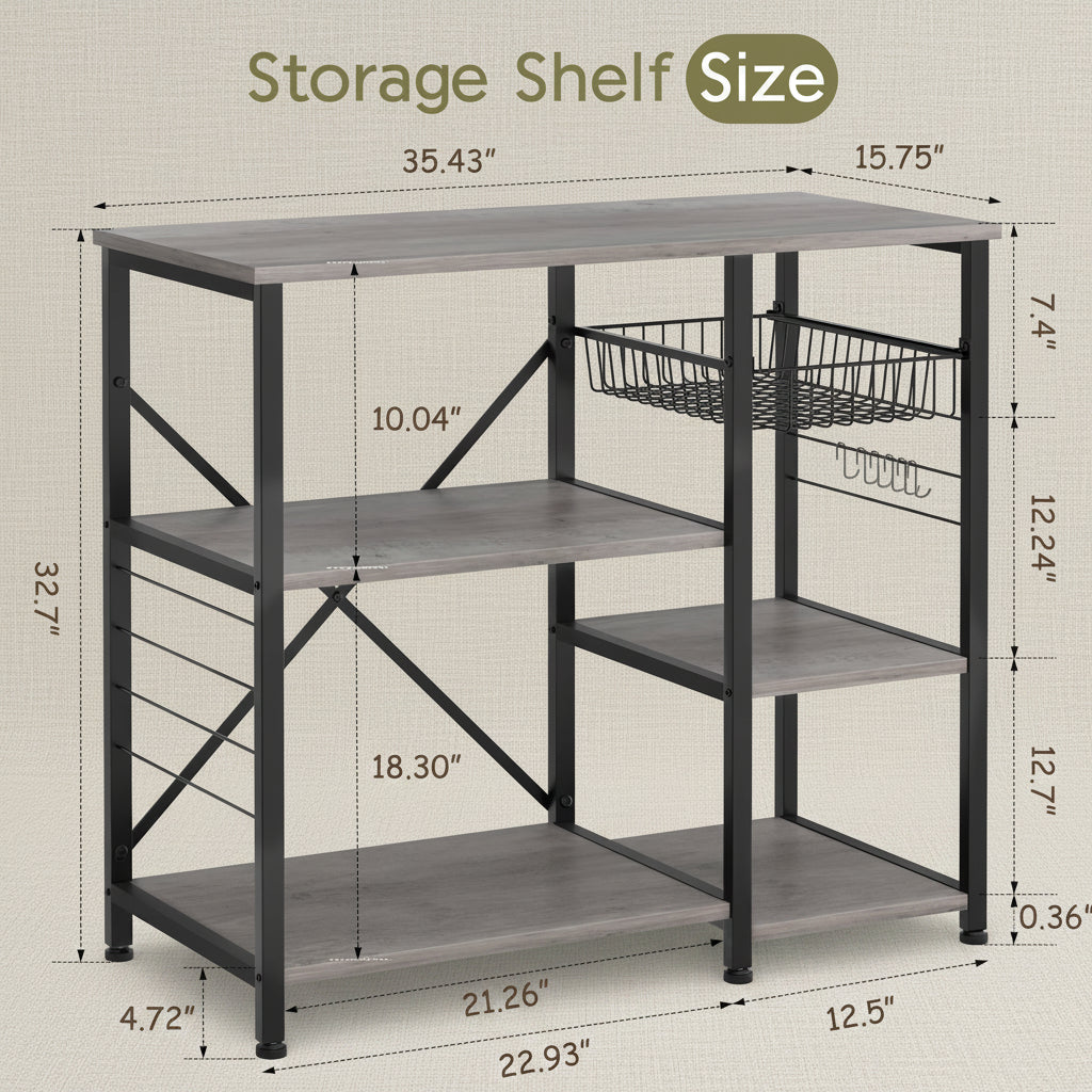 4-Tier Kitchen Bakers Rack with Storage, Coffee Bar Cabinet Station, Microwave Stand Shelf Organizer, Rustic Wood Kitchen Storage Table
