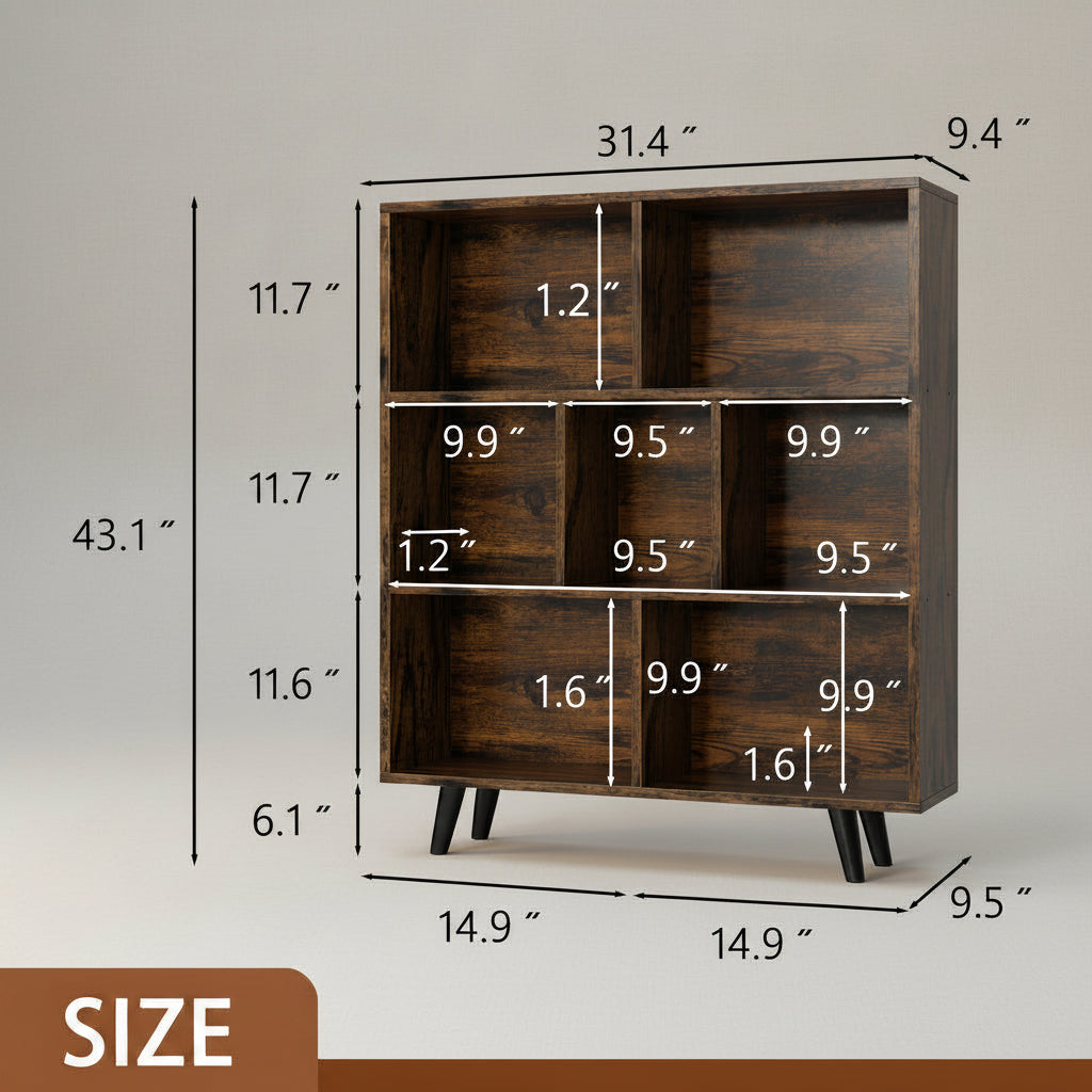 Wooden Open Shelf Bookcase, 3-Tier 7-Cube Storage Organizer with Legs