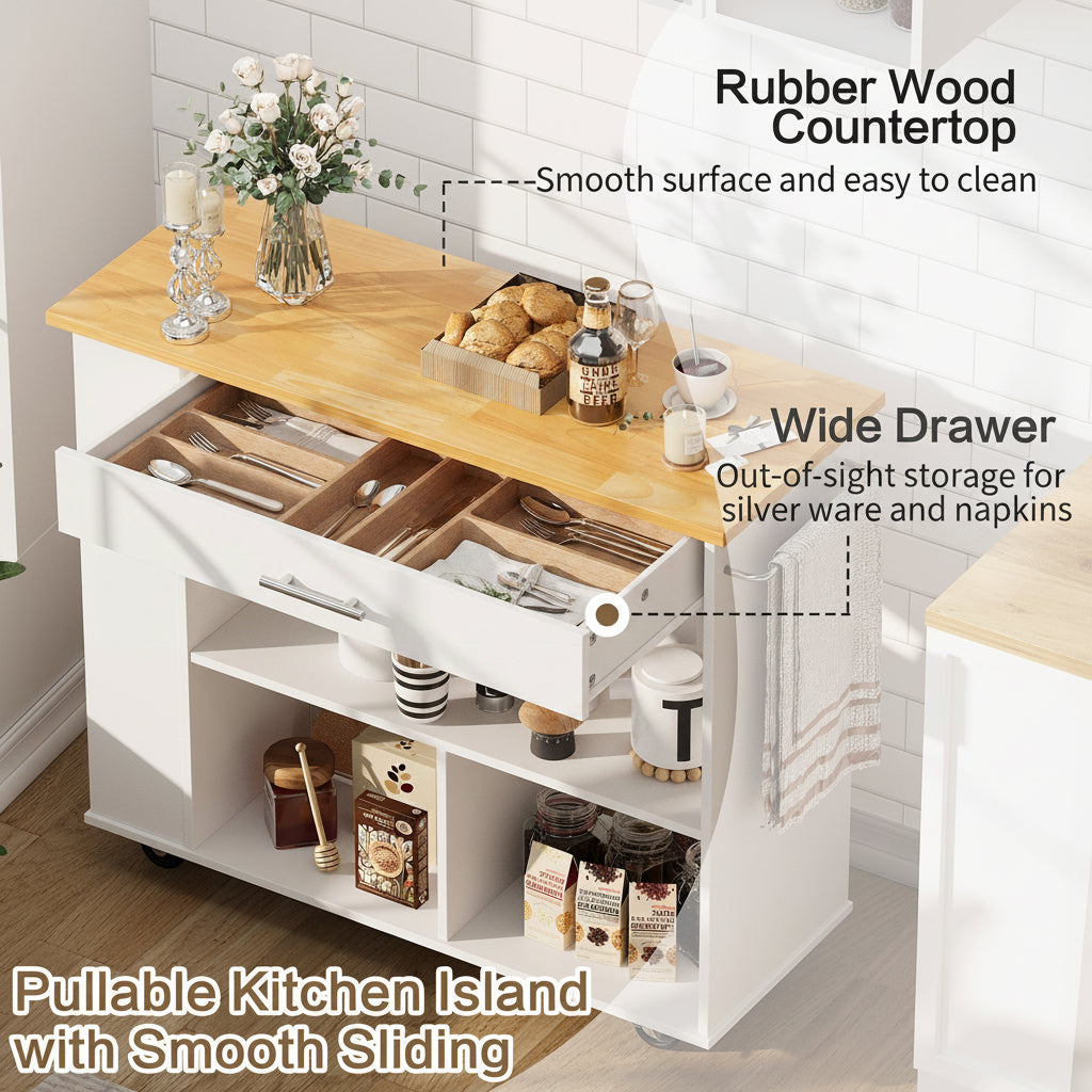 Kitchen Island with Side Spice Rack & 2-Tier Open Shelf