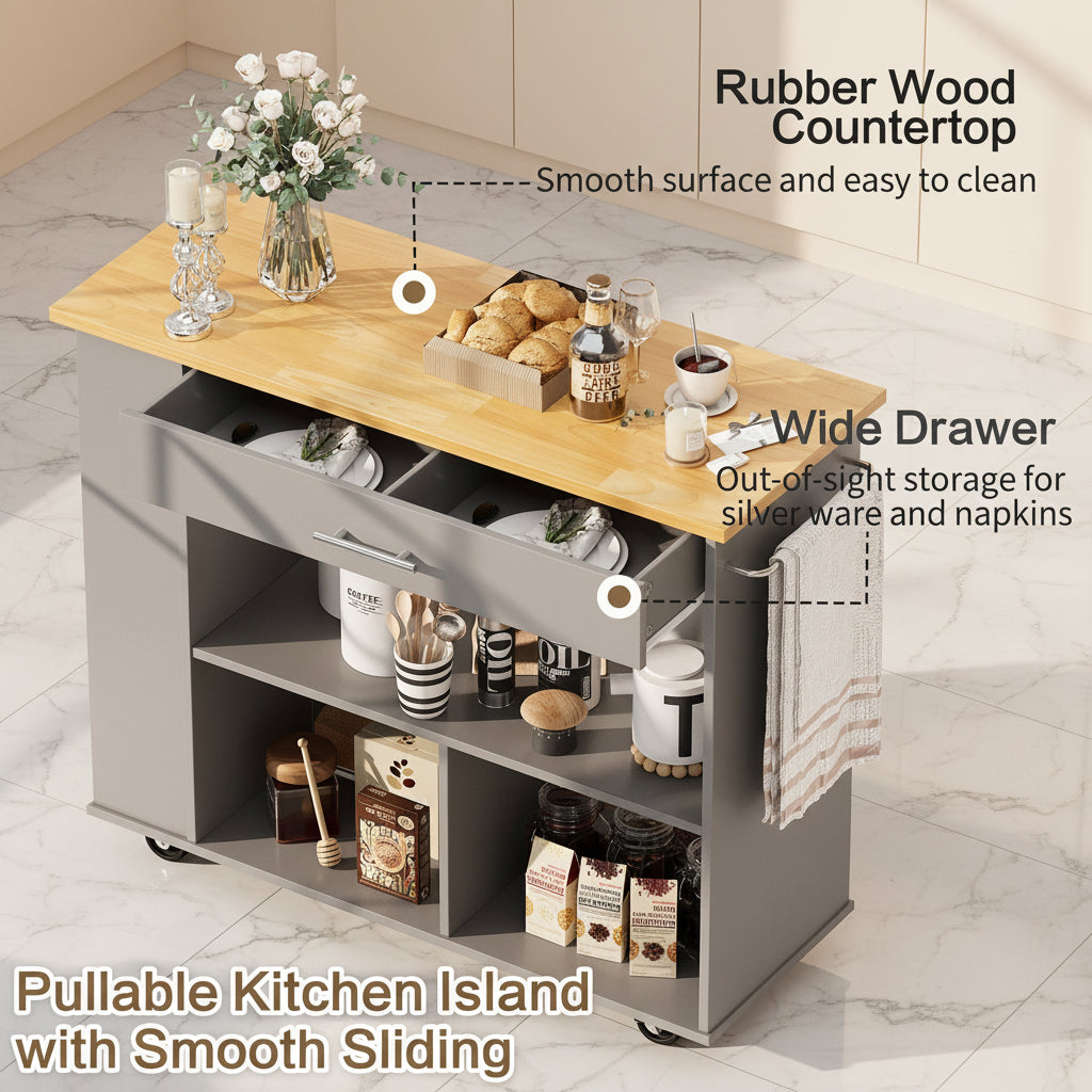 Kitchen Island with Side Spice Rack & 2-Tier Open Shelf