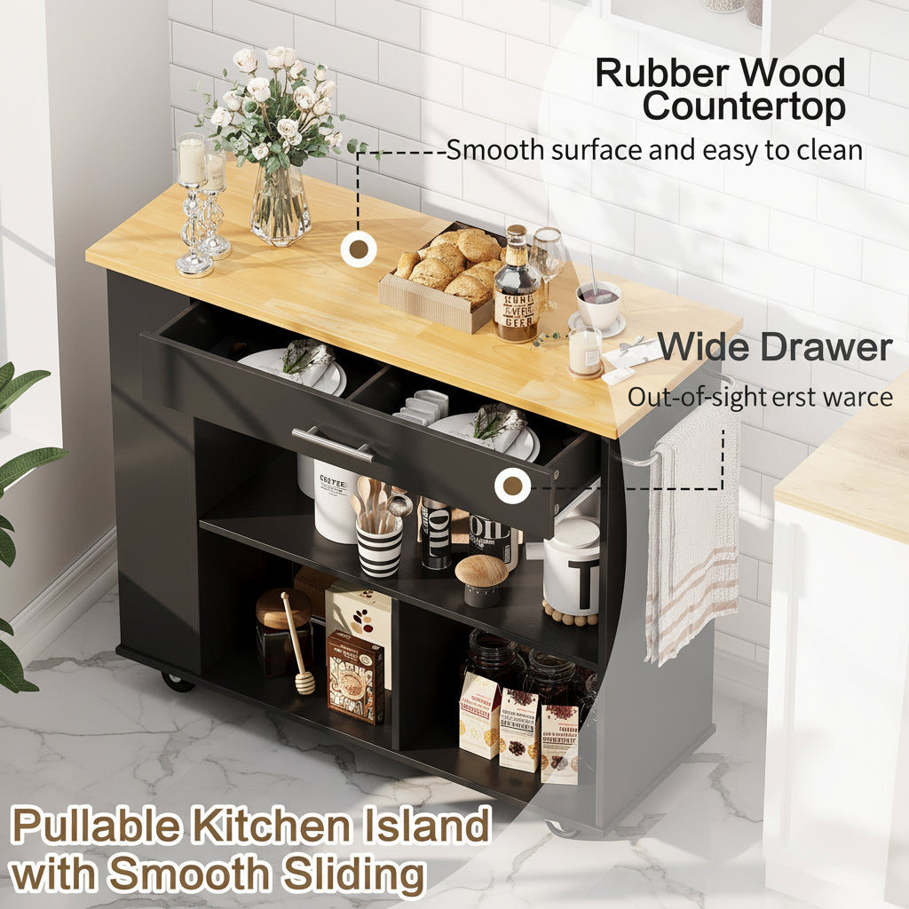 Kitchen Island with Side Spice Rack & 2-Tier Open Shelf