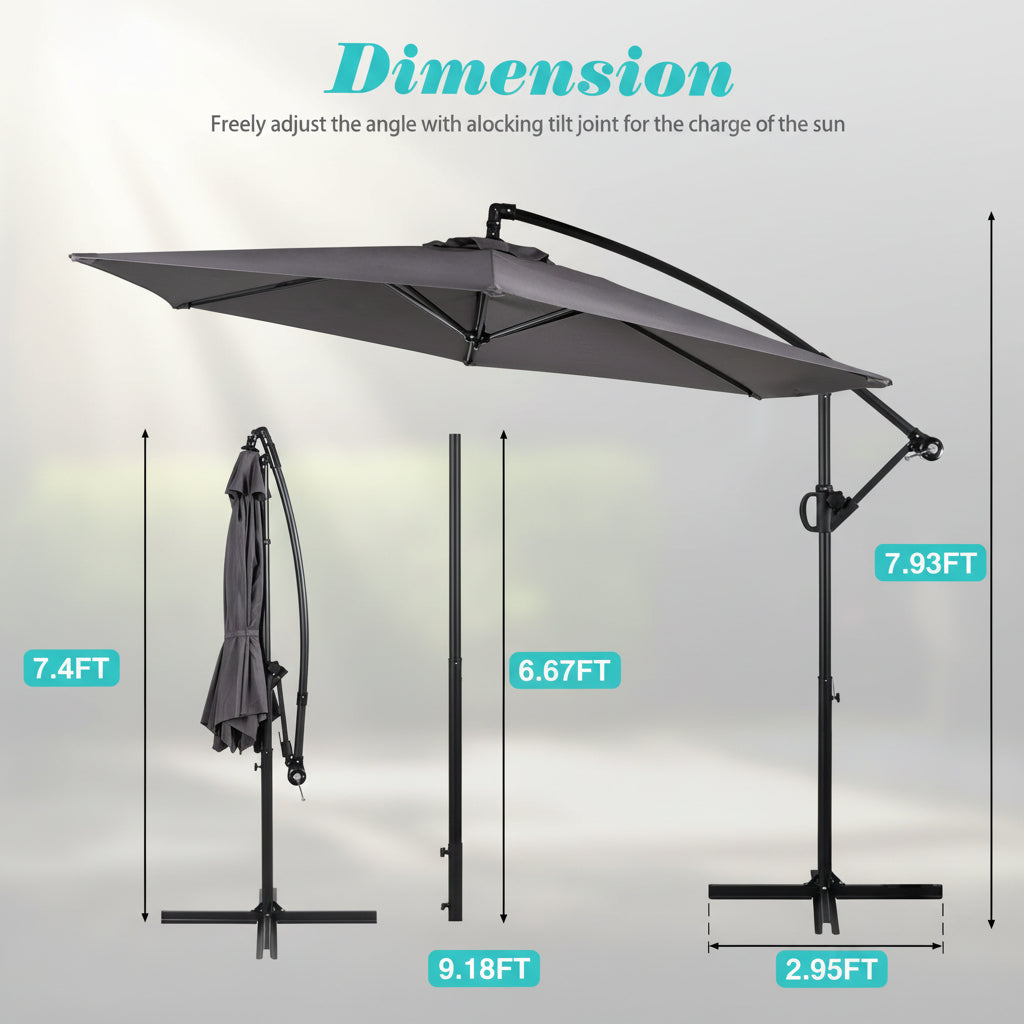 Walsunny Patio Offset Umbrella with Easy Tilt Adjustment, Crank Handle, Cross Base and 8-Rib Canopy