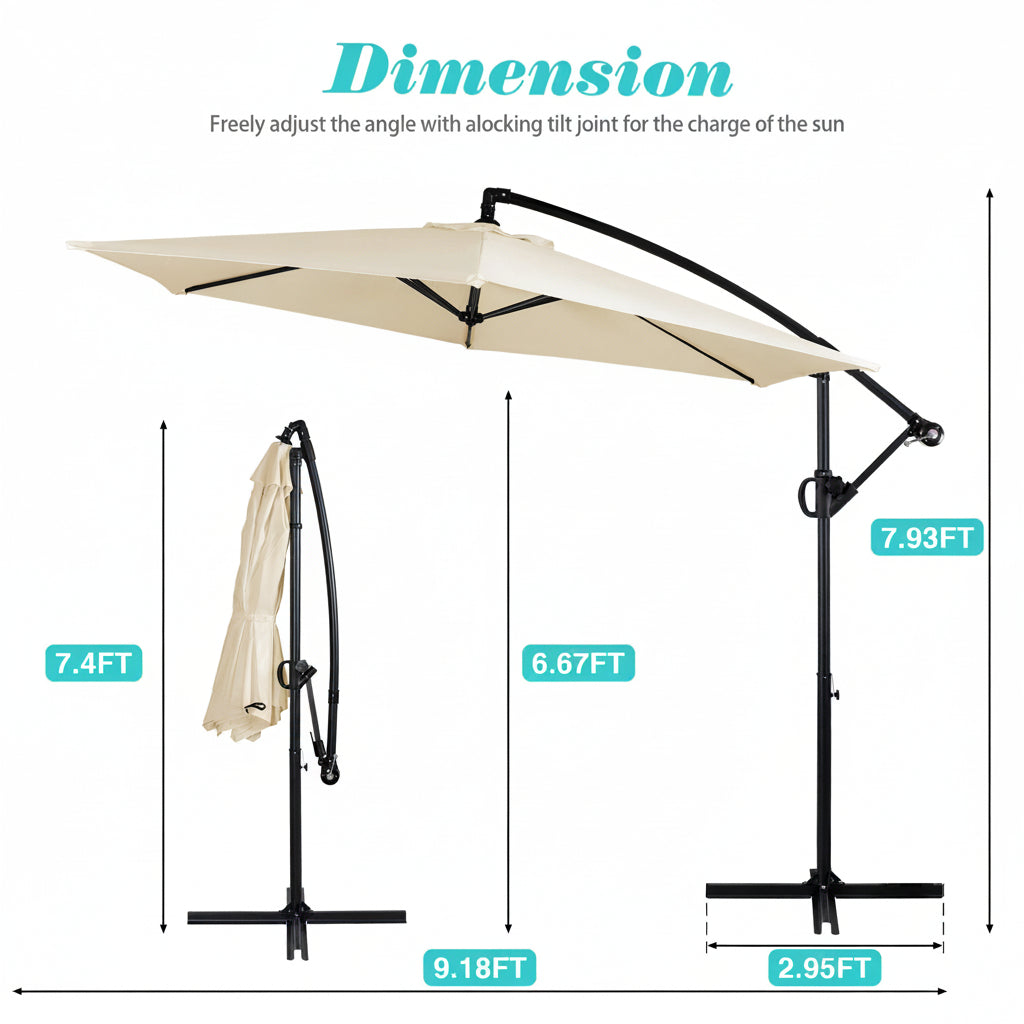 Walsunny Patio Offset Umbrella with Easy Tilt Adjustment, Crank Handle, Cross Base and 8-Rib Canopy