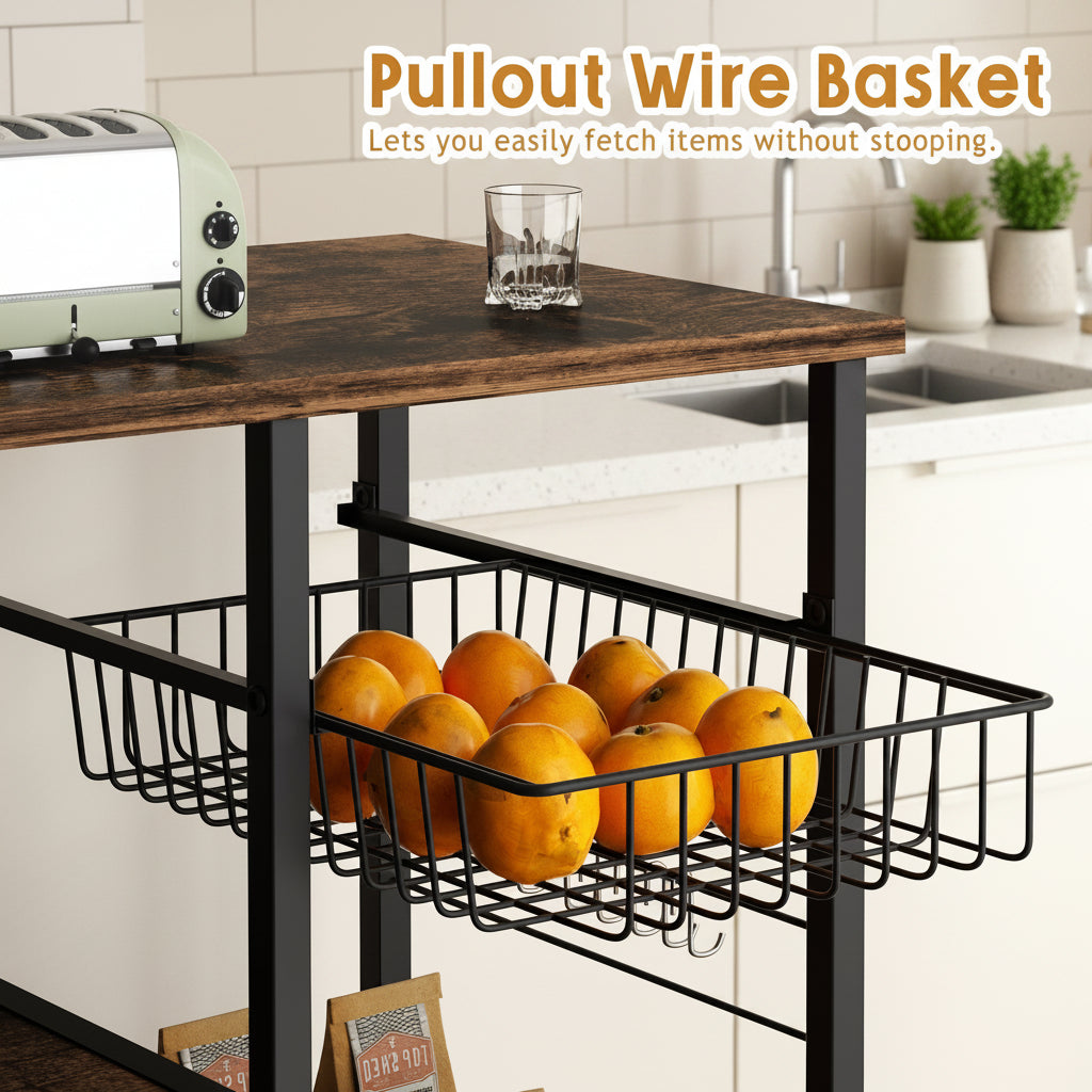 4-Tier Kitchen Bakers Rack with Storage, Coffee Bar Cabinet Station, Microwave Stand Shelf Organizer, Rustic Wood Kitchen Storage Table