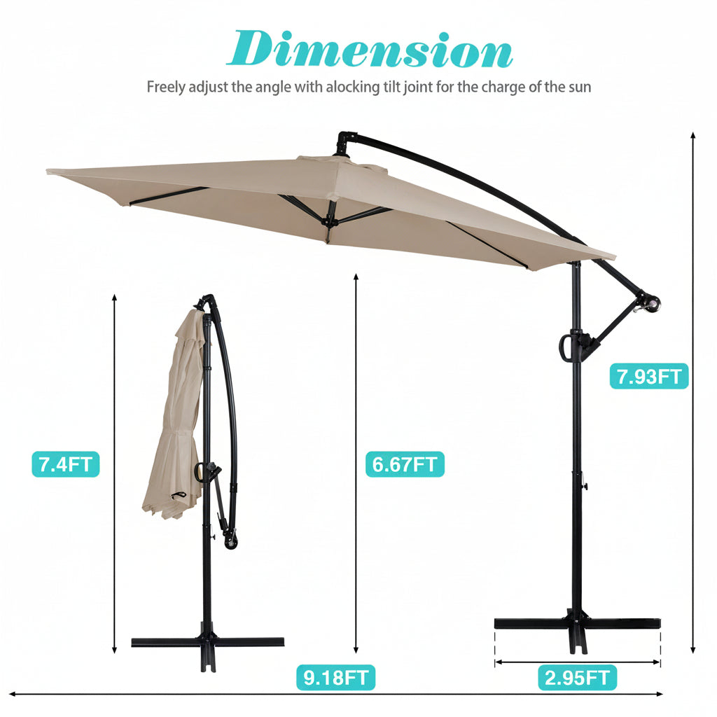 Walsunny Patio Offset Umbrella with Easy Tilt Adjustment, Crank Handle, Cross Base and 8-Rib Canopy