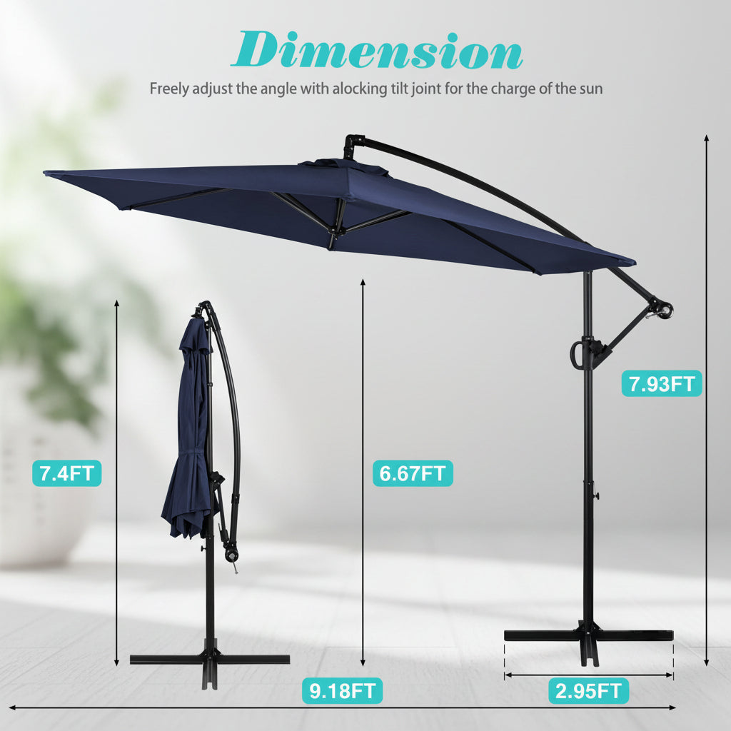 Walsunny Patio Offset Umbrella with Easy Tilt Adjustment, Crank Handle, Cross Base and 8-Rib Canopy