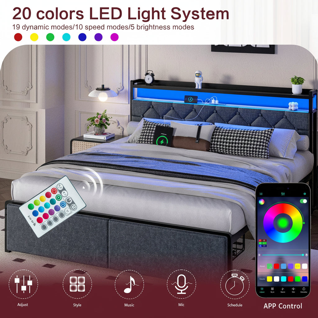 Modern Metal Platform Bed Frame with LED Lights and 2 Storage Drawers