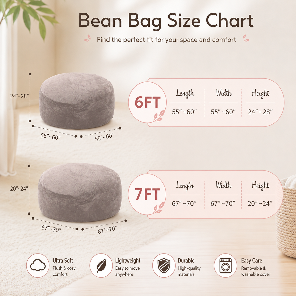 3FT/4FT/5FT/Jumbo Bean Bag Chair – An extendable bean bag sofa filled with soft memory foam and wrapped in cozy flannel fabric, offering durable comfort and relaxed seating for any living space.